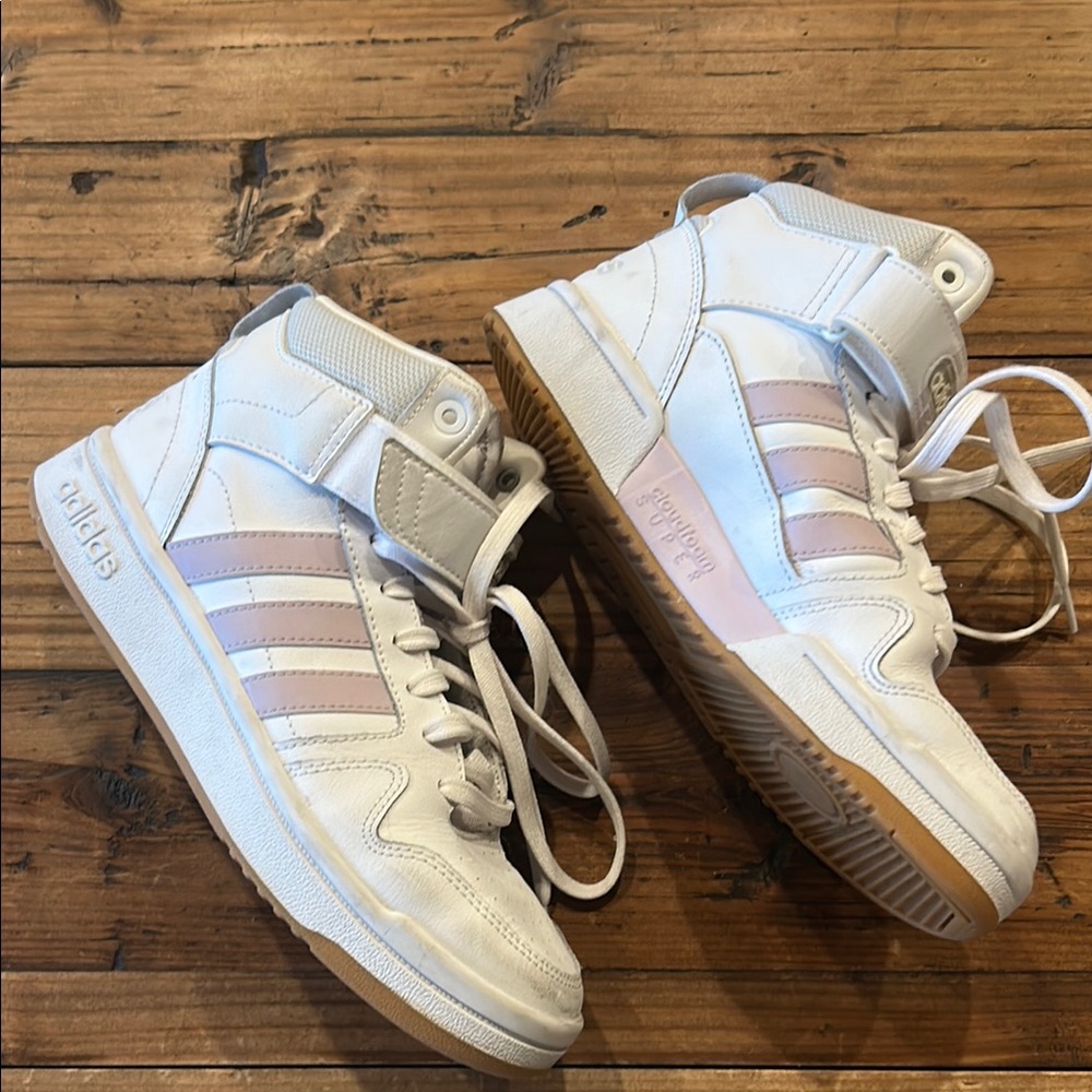 Adidas high top sneakers. White with light pink stripes. Lightly worn. - Picture 4 of 6